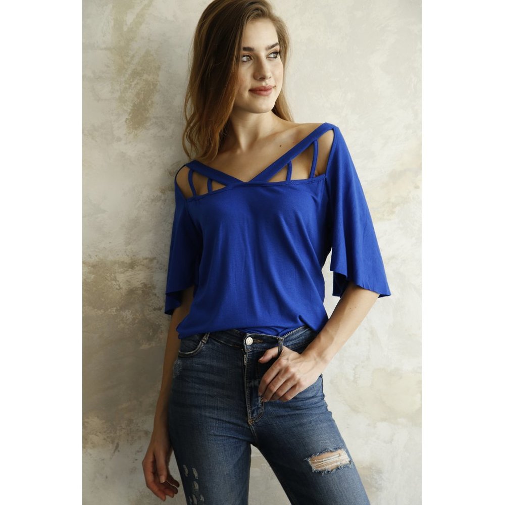 Bambina Mia - Blue Strap Accent V-Neck Top